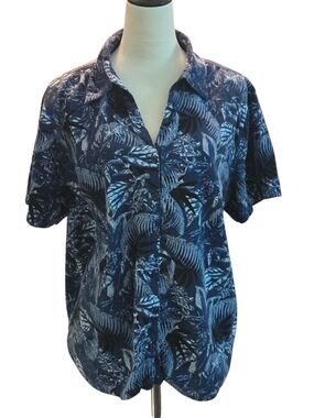 Erika Womens 2X Navy Blue Tropical Leaf Print Short Sleeve Camp Shirt